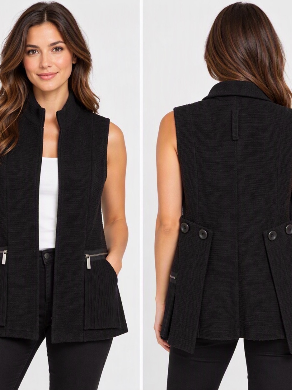 Joseph Ribkoff Black Textured Architectural Vest- Layering Piece- Minimalist Loo